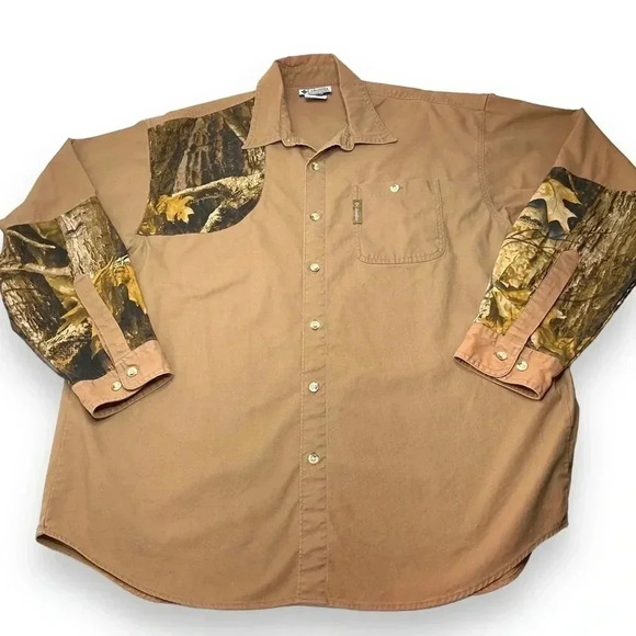 Vintage Columbia x Timberwolf Camo Patchwork Brown Hunting Rifle Shirt- Large - Picture 1 of 15